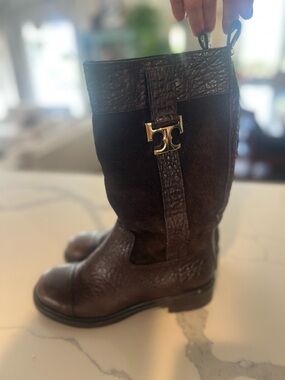 Tory Burch Dark Brown Leather & Suede Pull-On Boot with Gold Logo